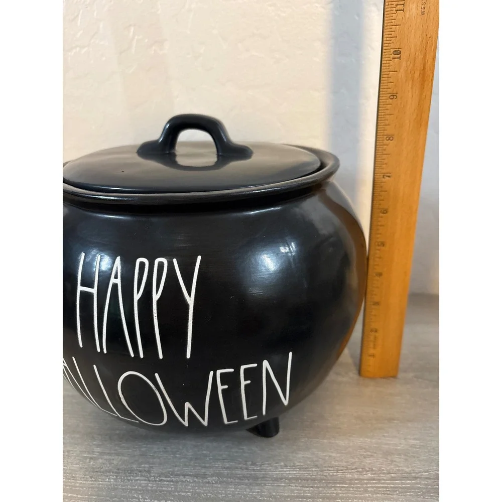 Rae Dunn Happy Halloween Black Cauldron Ceramic Canister Cookie Jar with Lid